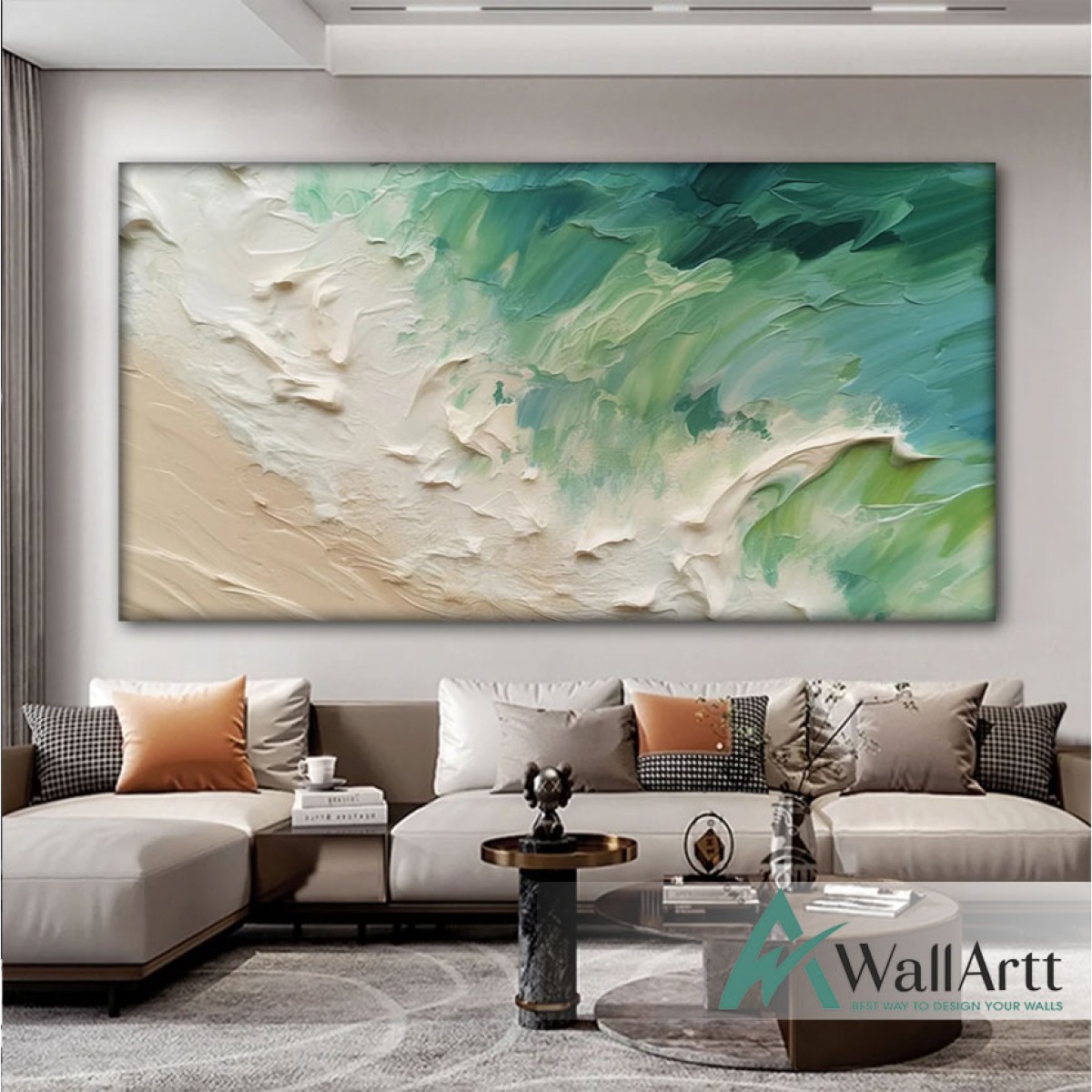 Blue Green Waves 3d Heavy Textured Partial Oil Painting
